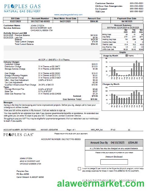 USA Peoples Gas utility bill template in Word and PDF formats, version 2
